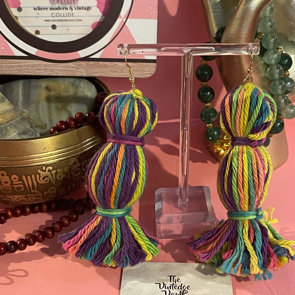 NEW Bohemian Crochet Bright Colorful Tassel Fringe Boho Pom-Pom Earrings
